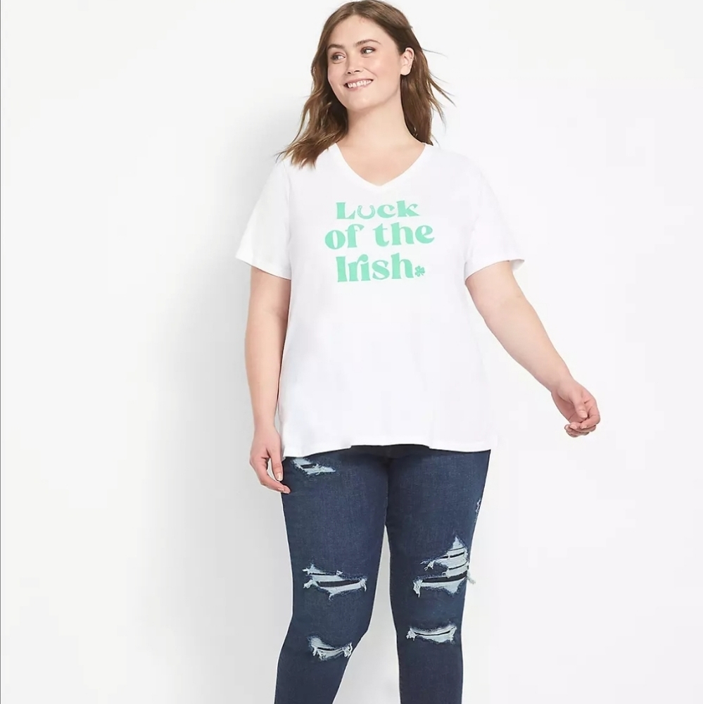 Lane Bryant V Neck Luck of the Irish White Tee, 18/20